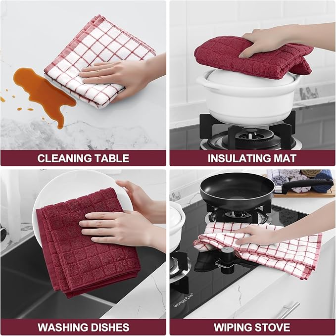 Homaxy Premium Cotton Kitchen Towels 16"x 28", Large Natural Ring Spun 390 GSM Dish Towels, Super Absorbent Terry Kitchen Hand Towels, Soft Tea Towels with Hanging Loop, Red Check Design,6 Pack