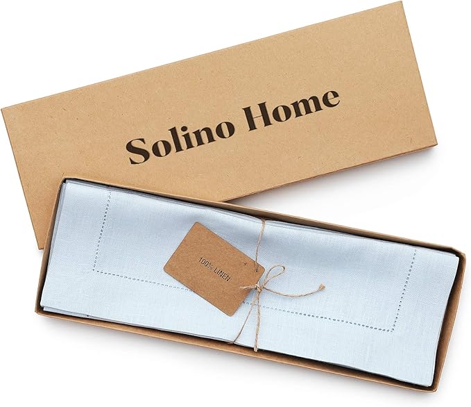 Solino Home Linen Placemats Set of 4 - Classic Hemstitch Light Blue Placemats 14 x 19 Inch - 100% Pure Linen Table Mats for Winter, Spring, Easter