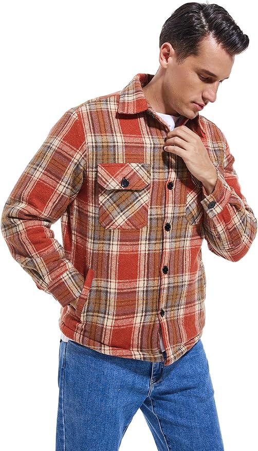 Men's Cotton Sherpa Lined Button Down Flannel Shirt Jacket Plaid Soft Outdoor Flannel Jacket Shirt