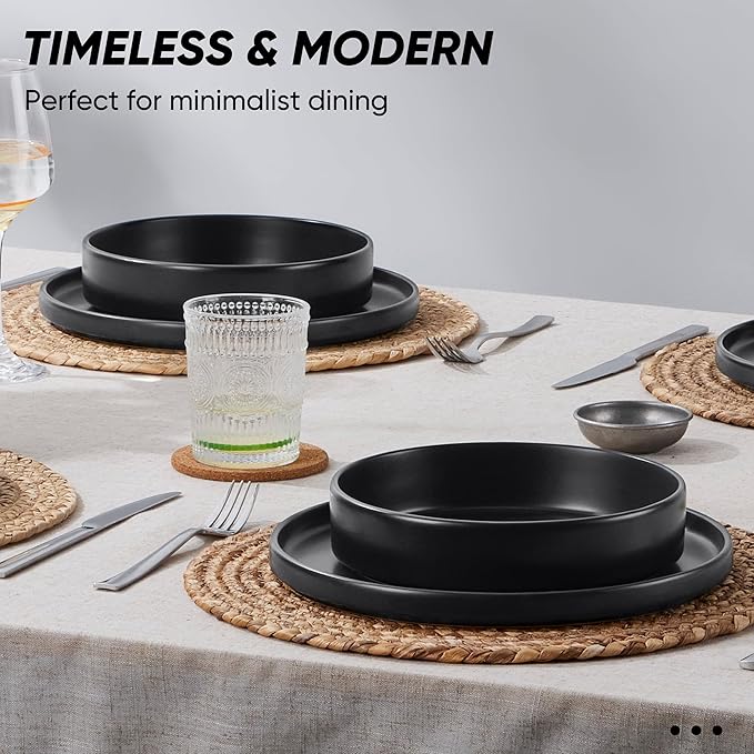 E-far 16-Piece Black Plates and Bowls Sets - Stoneware Dinnerware Sets with Pasta Bowls for 4 | Matte Black Kitchen Modern Dish Set, Microwave & Dishwasher Safe