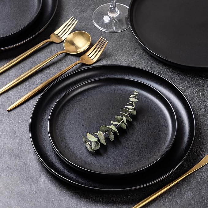 AmorArc Ceramic Dinnerware Sets, Wavy Rim Stoneware Plates and Bowls Sets,Dishwasher & Microwave & Oven Safe Dishes set, Service for 6 (18pc)-Matte Black
