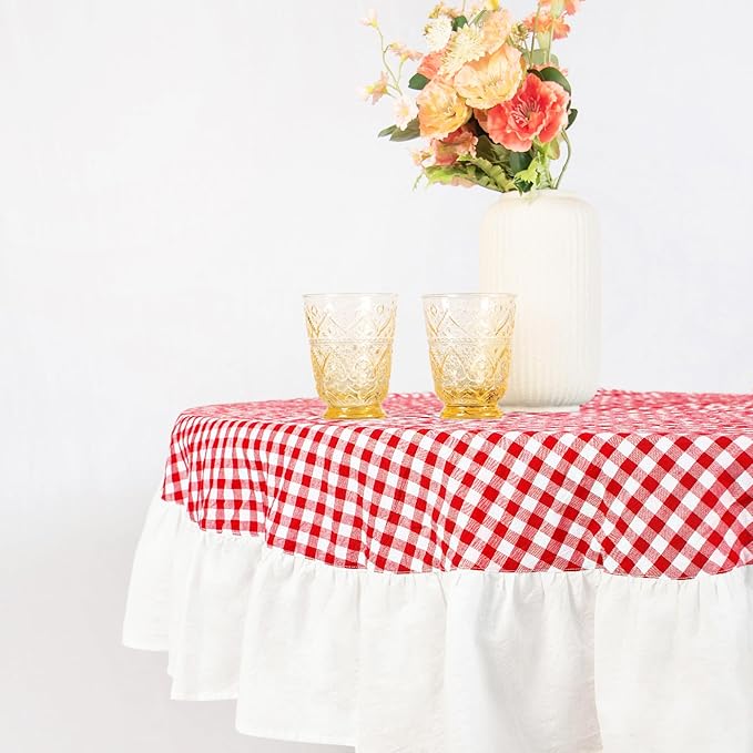 MONDAY MOOSE Gingham Checkered Farmhouse Rustic Ruffle Style Decoration Round Natural Stonewashed Cotton Tablecloth for Kitchen, Dining Room, Restaurant (60" Round, Red/White)