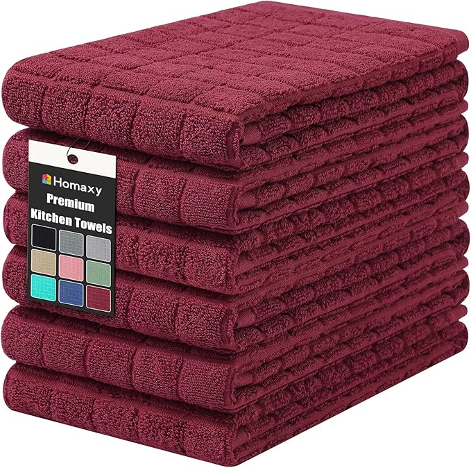 Homaxy Premium Cotton Kitchen Towels 16"x 28", Large Natural Ring Spun 390 GSM Dish Towels, Super Absorbent Terry Kitchen Hand Towels, Soft Tea Towels with Hanging Loop, Pure Red Design,6 Pack