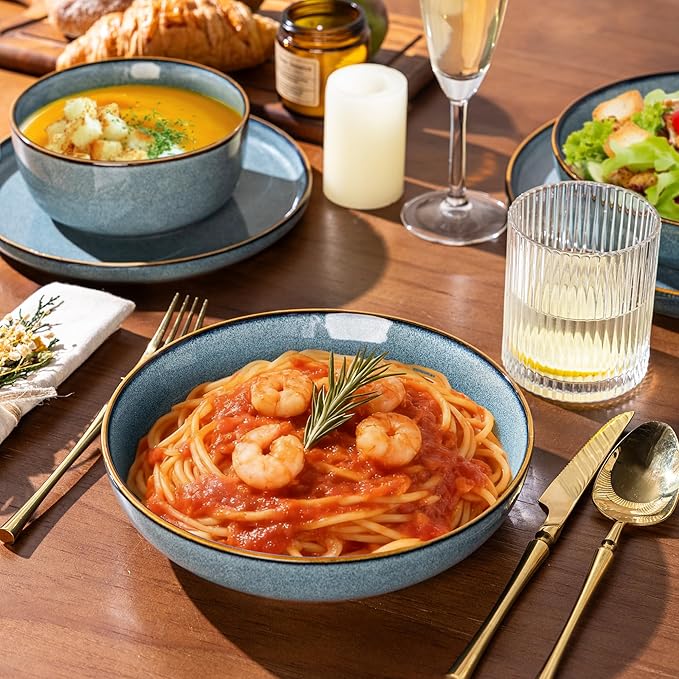 GBHOME Ceramic Dinnerware Sets for 4, 12 Pieces Stoneware Plates and Bowls Sets, Reactive Glaze Dishes -Scratch Resistant, Dishwasher&Microwave Safe, Space Blue