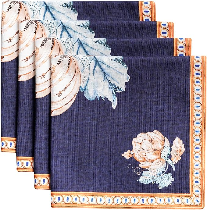 Maison d' Hermine Cloth Napkins Set of 4 100% Cotton for Thanksgiving Christmas Decorations Everyday Reusable Square Fall Napkins Cloth Washable Dinner Party (Pumpkin Blues, 20"x20")