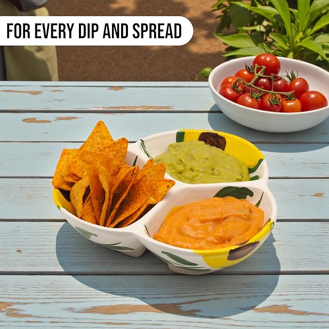 Ceramic Chip & Dip Bowl 7.5”, 3-Compartment Divided Serving Dish & Condiment Tray for Appetizers – Handmade in Spain, Lead-Free Glaze, Microwave, Oven & Dishwasher Safe