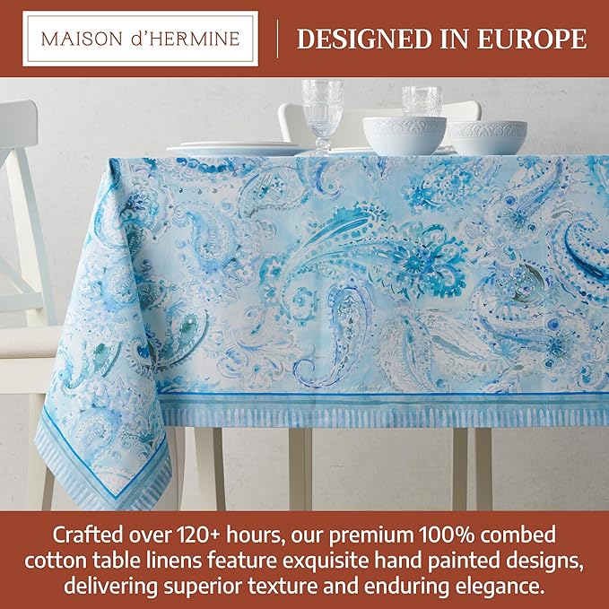 Maison d' Hermine Premium Table Cloth Square Table 100% Combed Cotton 70 x 70 Inches Tablecloth Reusable Decorative for Dining Room, Farmhouse, Home, Party, Festive & Wedding - Paisley Blues