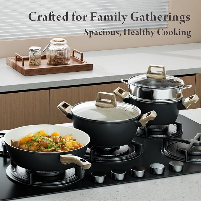 Pots and Pans Set, 24-Piece Non Stick Ceramic Cookware Set with 3 Stockpots-Healthy & Non-Toxic for Family Cooking, PFAS/PTFE/PFOA-Free, Lightweight & Easy to Handle, Induction Compatible