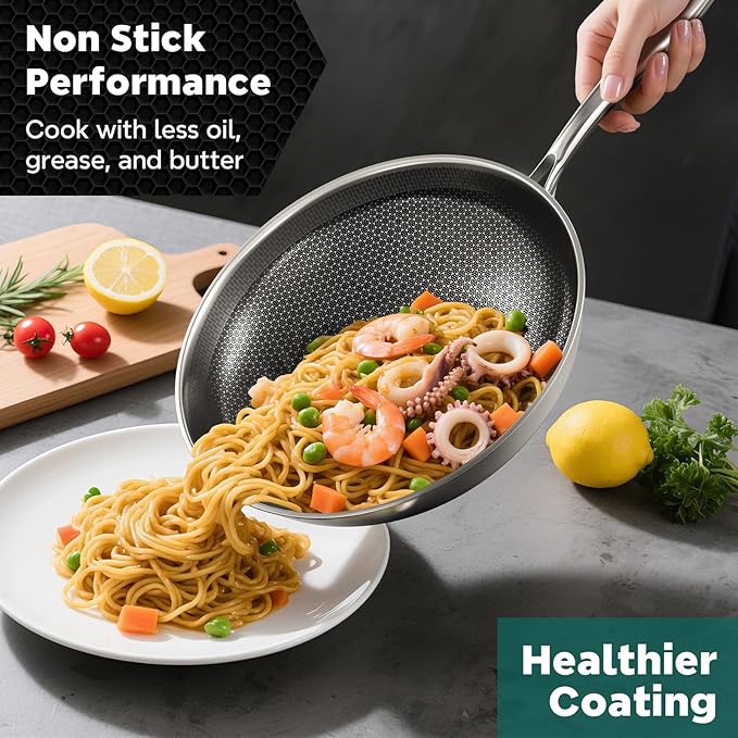 Wok Pan, 13-Inch Stainless Steel Woks & Stir-Fry Pans Nonstick, Wok Pan with Lid for Induction, Electric, Gas, Halogen, All Stoves, Professional PFOA Free Cookware, Dishwasher & Fast Heat