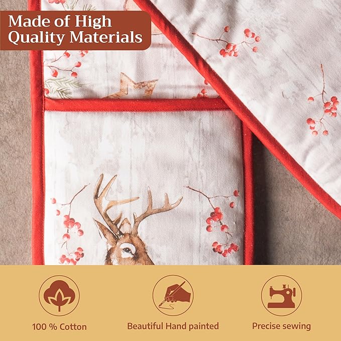 Maison d' Hermine Double Oven Mitt (7" x 35") 100% Cotton Heat Resistant BBQ Cooking Gloves with Loop for Thanksgiving Christmas Decorations Baking Cooking Barbeque Handling Hot Pan (Mountain Life)