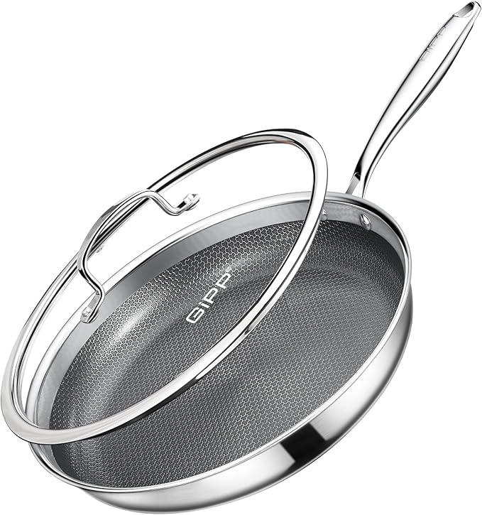 GiPP Tri-Ply Stainless Steel Frying Pan, 12 inch Hybrid Frying Pans Nonstick Skillets, Dishwasher and Oven-Safe, Induction Ready, Compatible with All Cook tops, PFOS/PFOA Free