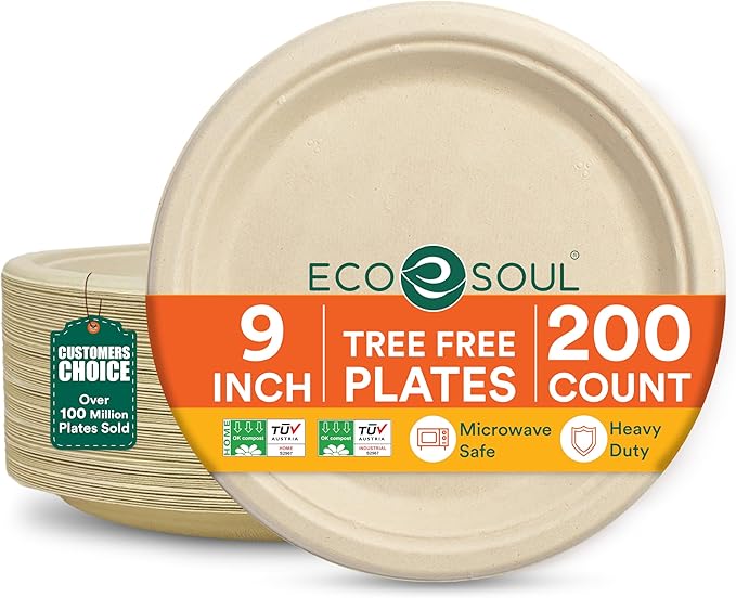ECO SOUL Compostable 9 Inch(200-Pack) Biodegradable Heavy-Duty Disposable Eco-Friendly Paper Plates for Dinner & Parties, Wedding, Event