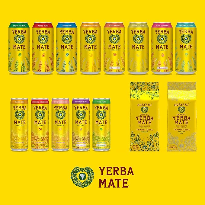 Yerba MateOrganic Sparkling Yerba Mate, Cranberry Pomegranate, 80mg Natural Plant Based Caffeine, Smooth Energy & Focus, Carbonated, 12 Oz (Pack of 12) (Packaging May Vary)