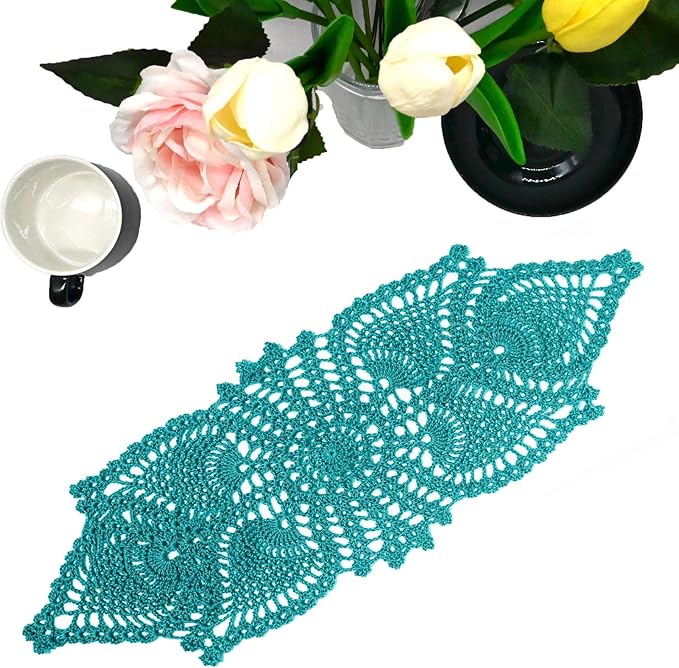 BIBITIME 7 in x 21 in Crochet Lace Table Doilies Eyes Flower Doily Kitchen Vase Place Mats (,Pack of 1PC, Peacock)