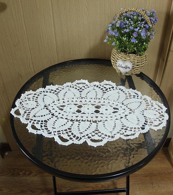 BIBITIME Lace Tablecloth Doily Handmade Crochet Placemat Women Vase Mat Kitchen Table Runner (1PC- 12 x 22 in, White)