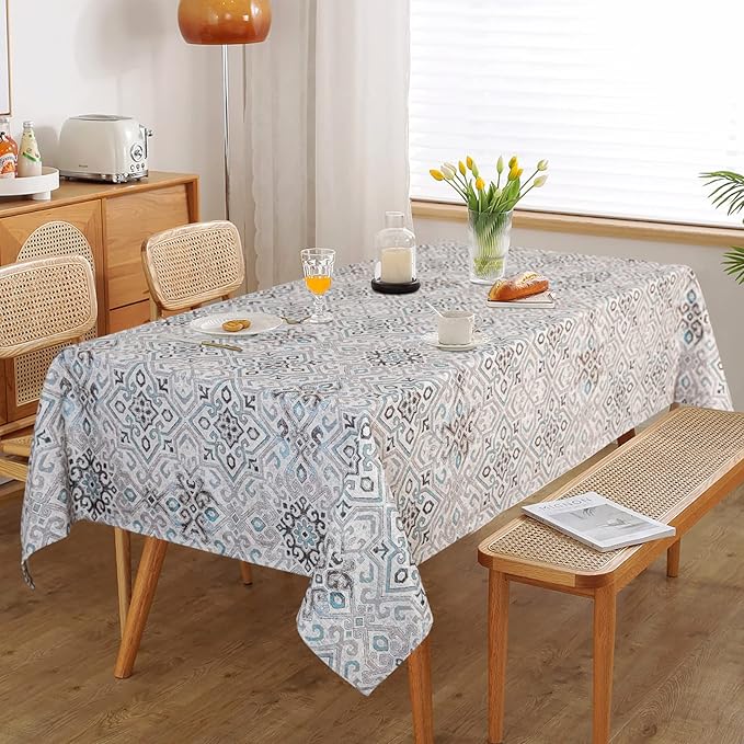 MYSKY HOME Rectangle Tablecloth 60x102 Inches -Linen Farmhouse Geometric Patterned Tablecloth Waterproof Decorative Washable Fabric Table Cloth for Kitchen Dining Moroccan Tablecloth，Grey