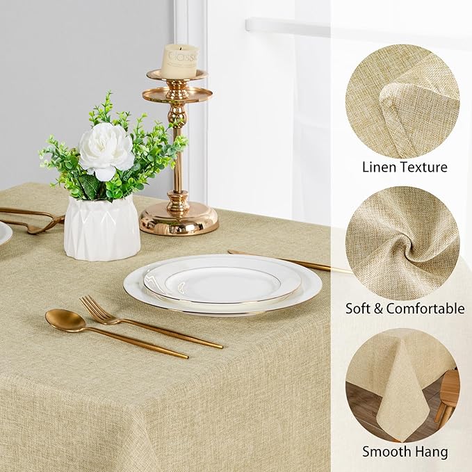 JIUZHEN 2 Pack Faux Linen Farmhouse Tablecloth Rectangular, Wrinkle Stain Resistant Table Cloth Rectangle Table Cover for Kitchen Dining, Beige, 54 x 120 Inch