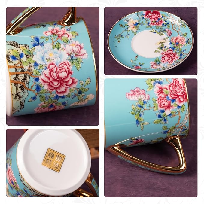 KAMMAK Tea Cups and Saucers Set of 2, Porcelain Coffee Cup with Saucer for Espresso, Cappuccino, 7.5oz Vintage Yellow and Blue Floral Ceramic Novelty Mug for Home, Tea Party, Office