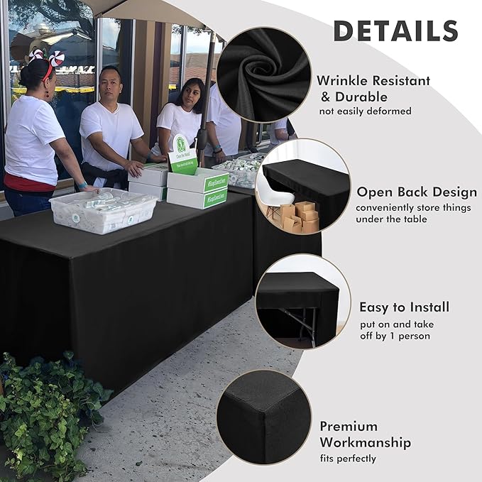 Nasitos 4 Pack Black Fitted Tablecloth for 4 Foot Tables-Open Back Rectangle Table Clothes Washable Tablecloth for Trade Show, Craft Show, Grad Party, Vendor Booth