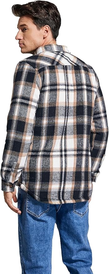 Men's Cotton Sherpa Lined Button Down Flannel Shirt Jacket Plaid Soft Outdoor Flannel Jacket Shirt