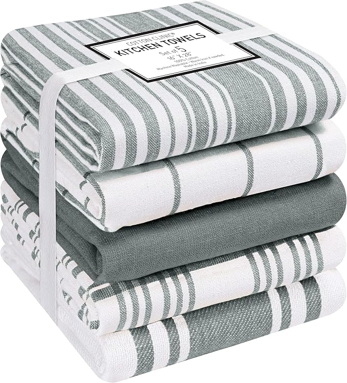 Cotton Clinic 16x28 Kitchen Dish Tea Towels Set of 5, Absorbent & Durable, Soft & Quick-Dry, Gray