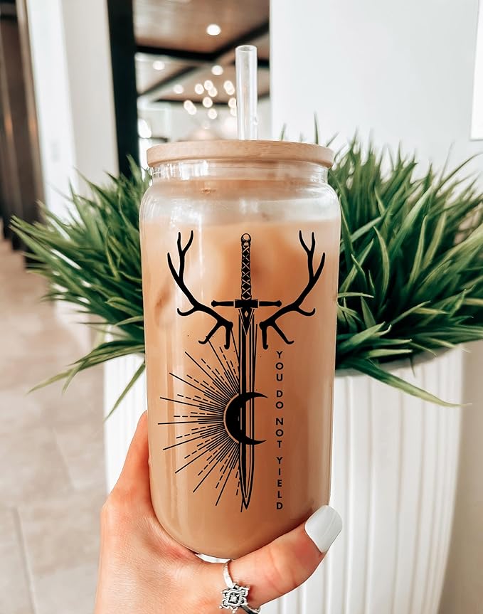 Sip-Sip Hooray! Throne of Glass 16oz Glass Tumbler with Bamboo Lid and Straw, Bookish Coffee Cup for Fantasy Readers, Sarah J Maas Fan Gift, Book Lover Mug, ACOTAR Night Court Inspired Drinkware