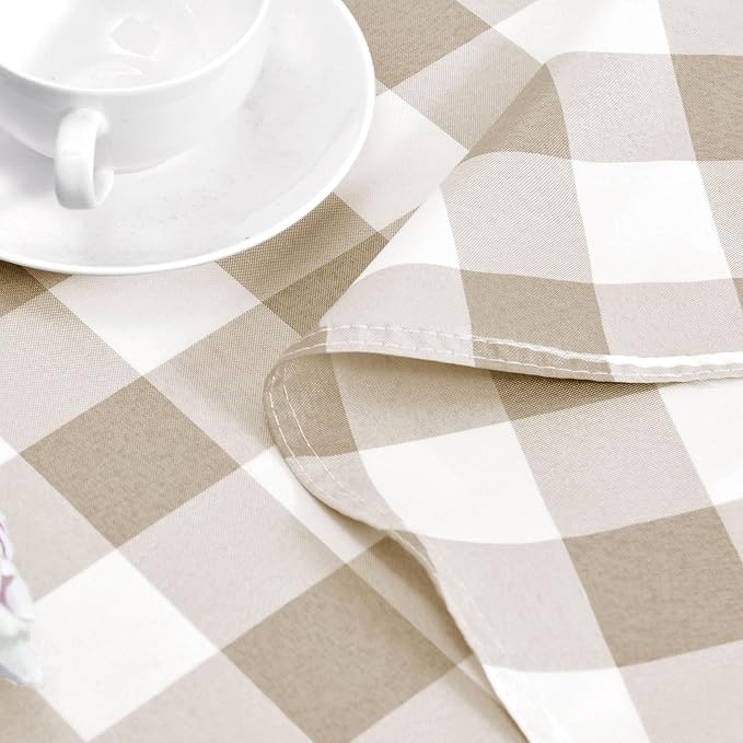 Hiasan Checkered Round Tablecloth 120 Inch - Waterproof Stain and Wrinkle Resistant Washable Fabric Table Cloth for Dining Room Party Outdoor Picnic,Khaki and White