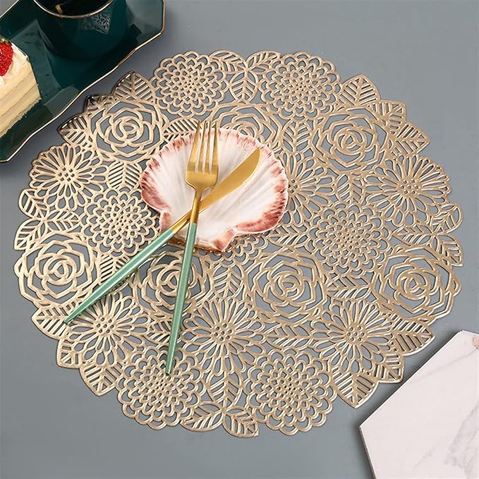 1PCS PVC Placemat for Dining Table Hollow Pad Coaster Pad Table Bowl Mat(A Rose)