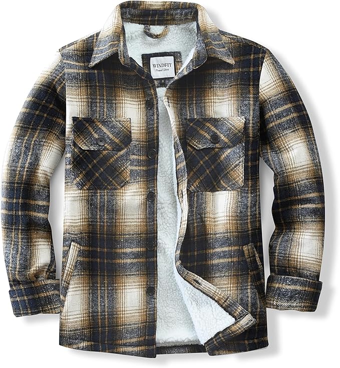 Men's Cotton Sherpa Lined Button Down Flannel Shirt Jacket Plaid Soft Outdoor Flannel Jacket Shirt