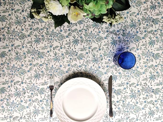 ATOSII Aster Blue 100% Cotton Square Boho Fall Tablecloth, Handblock Floral Table Cloth Linen for Kitchen Dining I Parties Wedding Outdoors Christmas Thanksgiving I Fall Home Decor 60 X 60 Inches