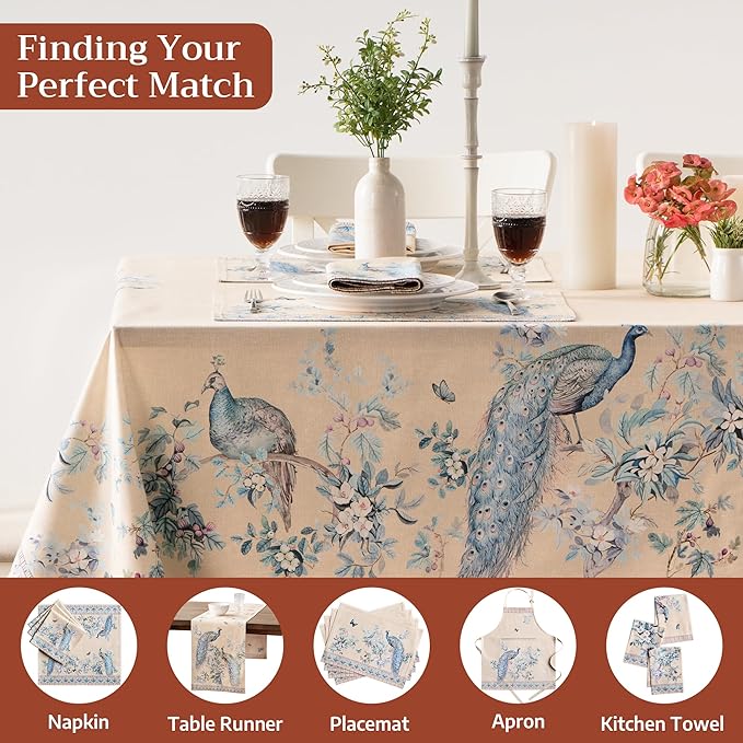 Maison d' Hermine Premium Table Cloth Rectangle Table 100% Combed Cotton 90 x 70 Inches Tablecloth Reusable Decorative for Dining Room Farmhouse Party Festive Wedding - Peacock Utopia - Sandy Beach