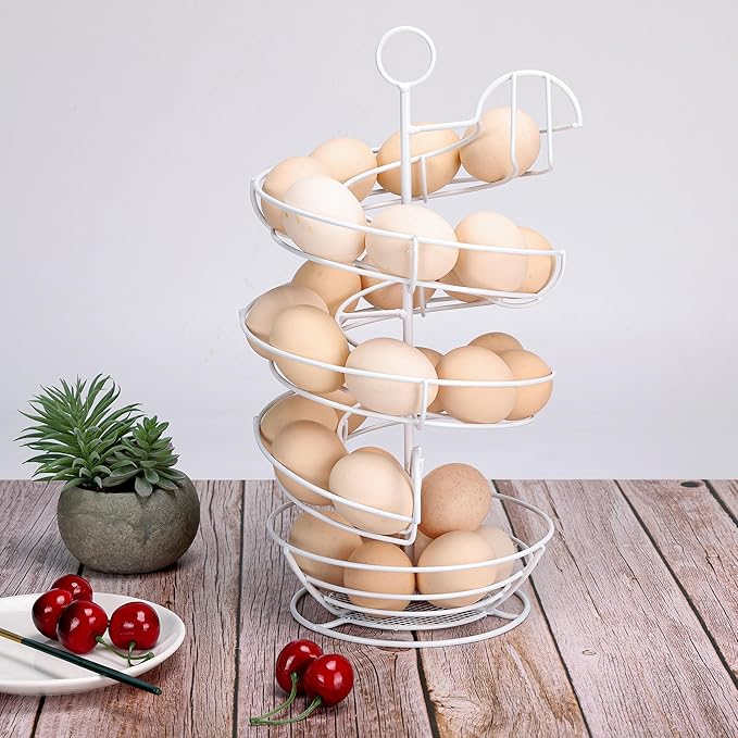 White Spiral Egg Holder Countertop, Metal Egg Skelter, Egg Dispenser Rack with Storage Basket for Countertop, Kitchen