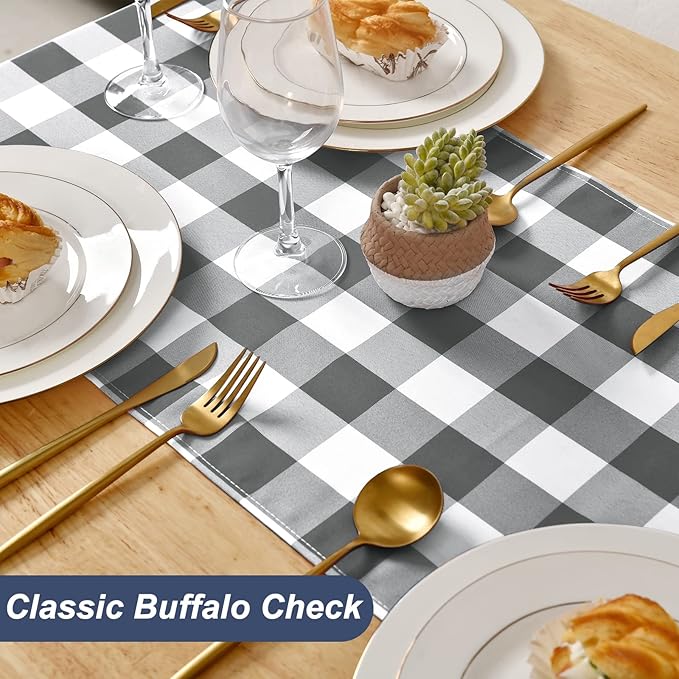 Hiasan Buffalo Plaid Table Runner, Classic Farmhouse Tabletop Collection, Waterproof Table Runner for Kitchen Dining, Banquet, Restaurant, Outdoor Use, 14W x 60L, Grey and White, 1 Piece