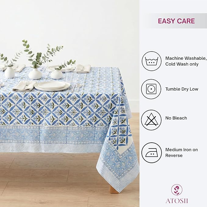 ATOSII Netta Blue 100% Cotton Rectangle Summer Tablecloth, Handblock Floral Print Linen Table Cloth for Kitchen Dining I Parties, Weddings, Outdoors, Decor 60 X 108 Inches, 8 Seater