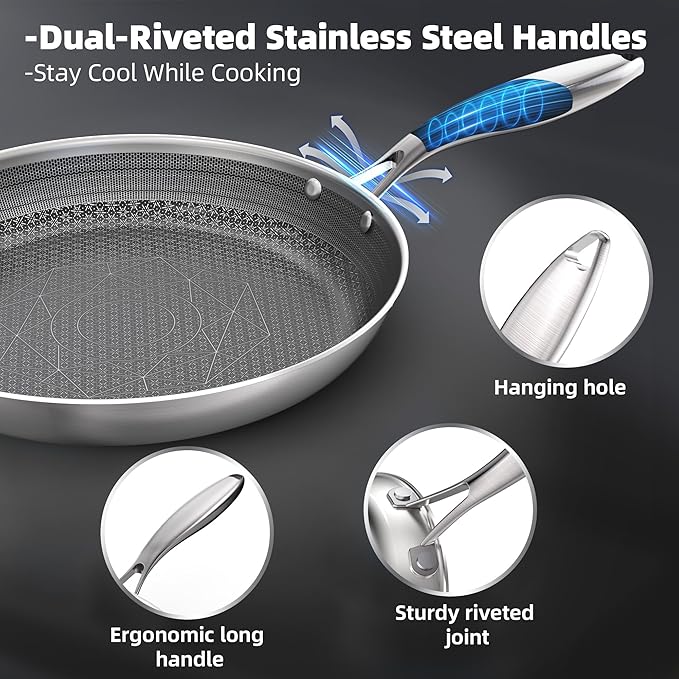 COOKER KING Stainless Steel Pans Set of 3 (8+10+12 Inch), Nonstick Frying Pans, Induction Pan Set, Chef's Pan, Skillets Dishwasher & Oven Safe, Stay-Cool Handles, Compatible with All Cooktops