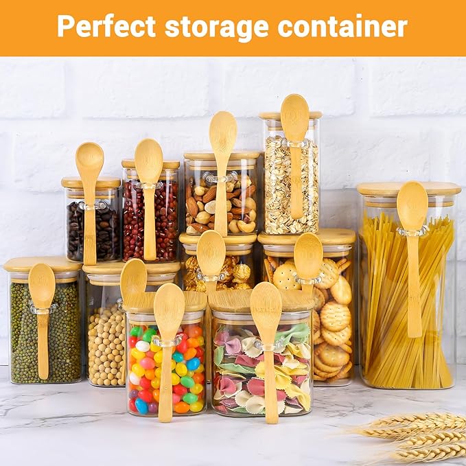 Glass Spice Jars with Airtight Lids - 2 Pack 10 Fl.oz Square Glass Storage Jars with Bamboo Lid and Spoon, Kitchen Pantry Storage Container Food Canister for Coffee, Sugar, Loose Tea, Candy