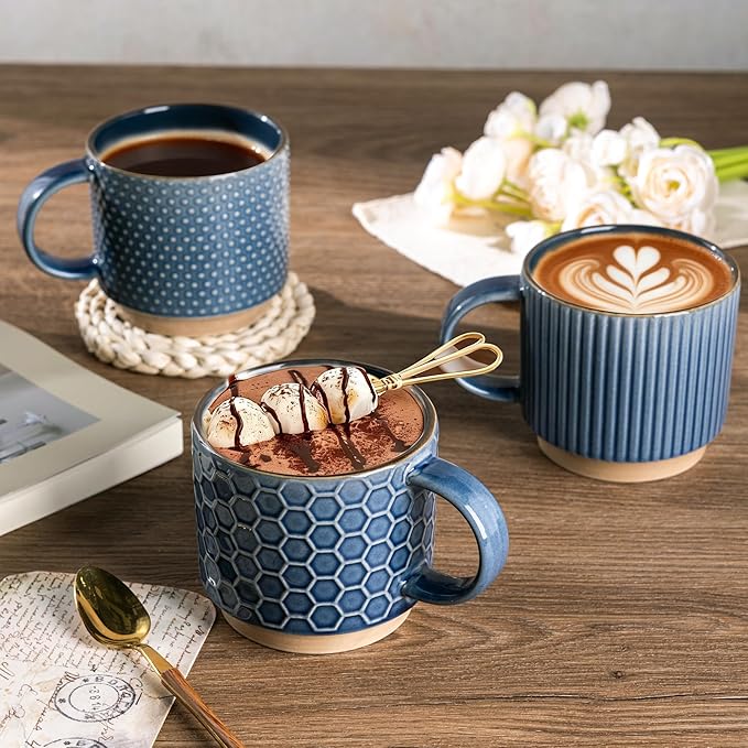 GBhome 12 OZ Stackable Coffee Mugs Set of 6, Ceramic Coffee Mugs with Texture Patterns for Man,Woman,Dad,Mom, Modern Coffee Cups for Latte/Cappuccino/Cocoa. Dishwasher&Microwave Safe