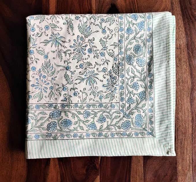 ATOSII Aster Blue 100% Cotton Rectangle Boho Fall Tablecloth, Handblock Floral Table Cloth Linen for Kitchen Dining I Parties Wedding Outdoors Christmas Thanksgiving I Fall Home Decor 60 X 108 Inches