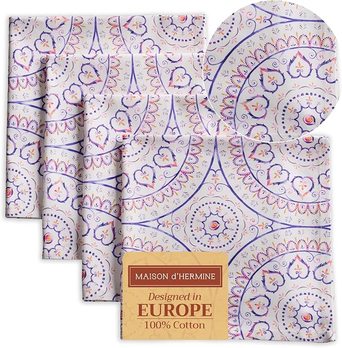 Maison d' Hermine Cloth Napkins Set of 4 100% Cotton Everyday Reusable Square Napkins Cloth Washable Dinner Party Wedding Restaurant Valentines Day Decorations Spring/Summer (Mandala, 20" x 20")
