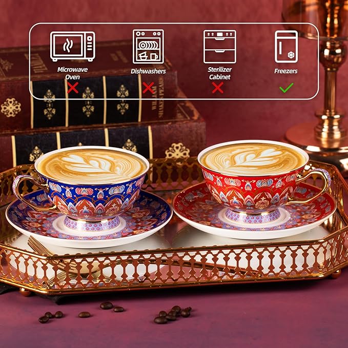 KAMMAK Tea Cups and Saucers Set of 2, Porcelain Coffee Cups with Saucer for Espresso, Cappuccino, 8oz Vintage Red and Blue Ceramic Novelty Mug for Home, Tea Party, Office