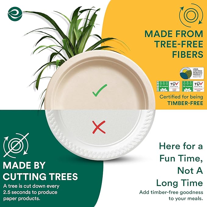 ECO SOUL Compostable Paper Plates 6 Inch (500 Count) Plates for Dessert, Heavy Duty, Eco-Friendly Sugarcane Bagasse Small Plates For Appetizer- Natural Brown