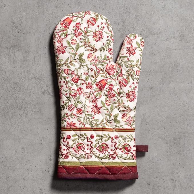 Maison d' Hermine Oven Gloves 100% Cotton Oven Mitt 7" x 13" with Loop Heat Resistant Cooking Gloves for Thanksgiving Christmas Decorations Baking Handling Hot Pans (Pack of 1, Reveillon Au Jardin)