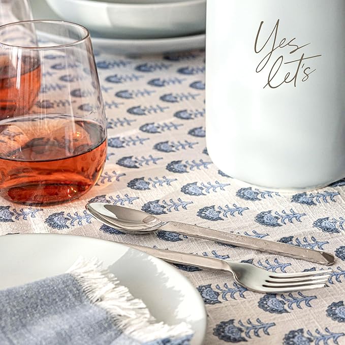 Over&Back Hand-Screened Tablecloth - Dining Table Cover - Each Tablecloth is Unique - 100% Cotton - Machine Washable - Kitchen and Home Decor - Blue Flower - 70x108