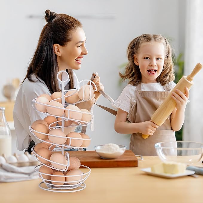 White Spiral Egg Holder Countertop, Metal Egg Skelter, Egg Dispenser Rack with Storage Basket for Countertop, Kitchen