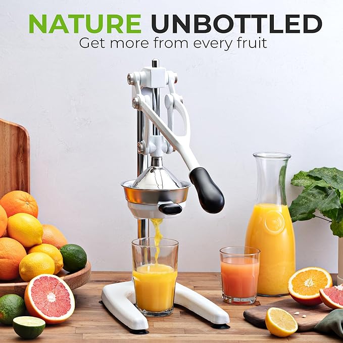 Zulay Kitchen Pulverizer 9 in 1 Cast Iron Juicer - Easy-to-Clean Heavy-Duty Manual Juicer with Presser Attachment to Juice All Types of Fruits! Extra Tall with Stainless Steel Bowl - White