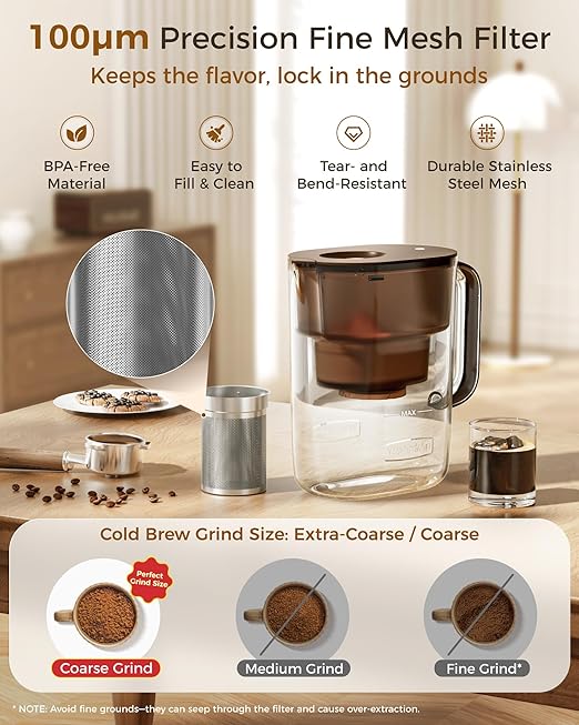 Waterdrop Cold Brew Coffee Maker with 1 Magnesium Water Filter, Well-Balanced Acidity, Unlocks Flavor and Aroma, BPA-Free, Precision Fine Mesh Filter for Iced Coffee, Tea, Lemonade, Brown