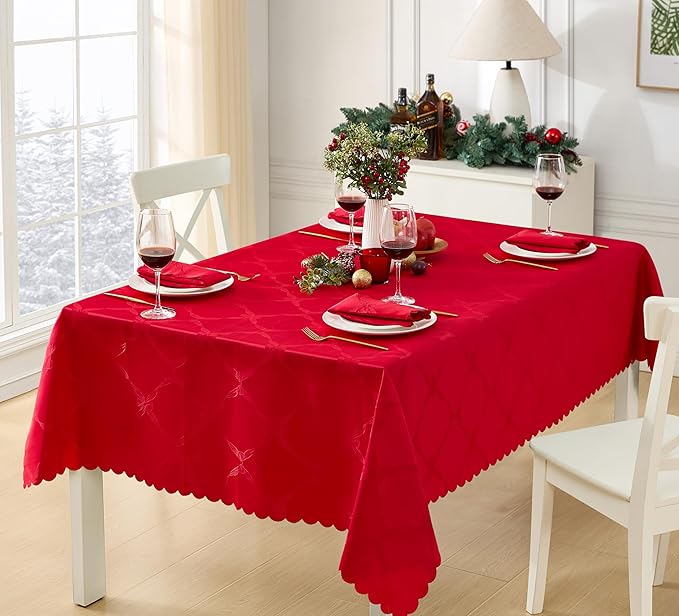 Newbridge Valentines Day Rectangle Tablecloth, 52 x 70 Inch, Ribbons and Bows Damask, Wrinkle and Stain Resistant Fabric Table Cloth, Holiday Red
