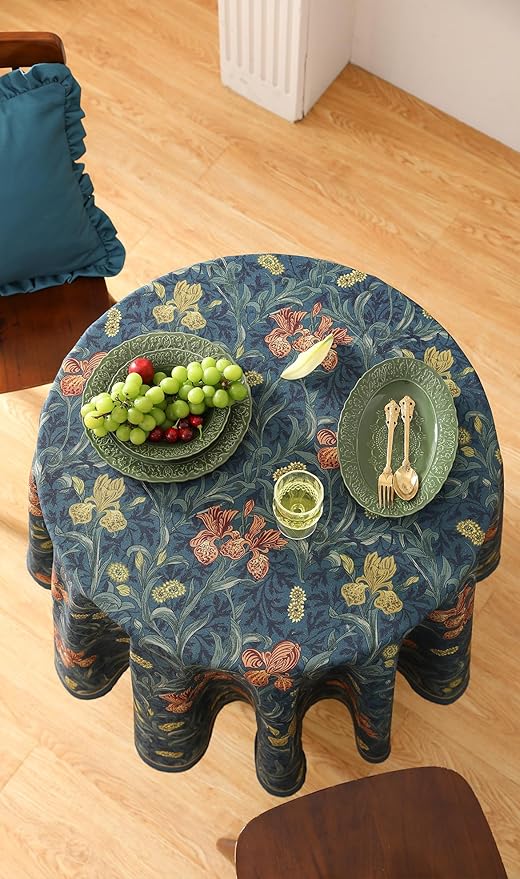 patdrea Designer Dark Blue Linen Round Tablecloth,Vintage French Rustic Floral Pattern Tablecloths,Decorative Table Cover Cloth for Kitchen,Dining,Tea Party,Home,Christmas,Diameter 55"
