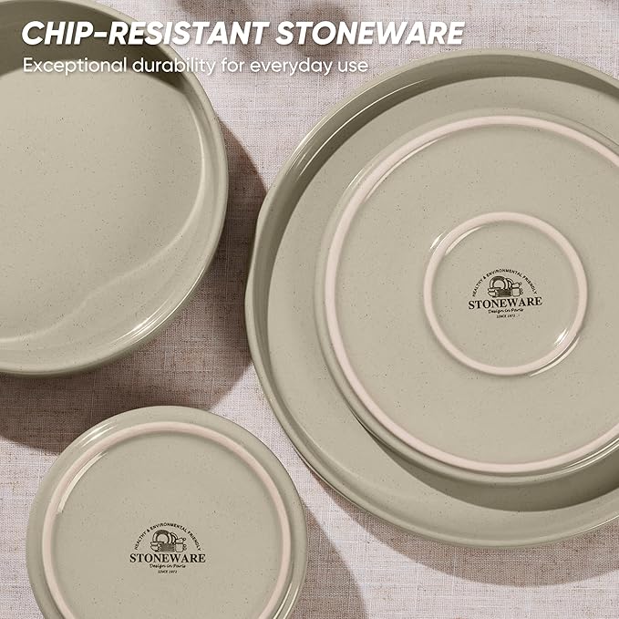 E-far 16-Piece Plates and Bowls Sets - Stoneware Dinnerware Sets with Pasta Bowls for 4 | Microwave & Dishwasher Safe Kitchen Modern Dish Set, Speckled Khaki