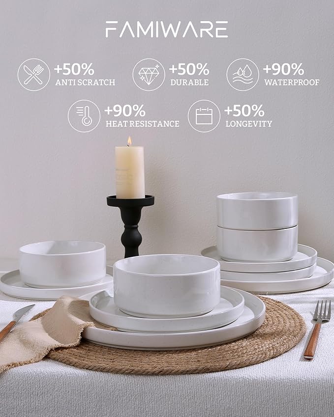Famiware Nebula Dinnerware Sets with Mugs, Service for 4 (16 Pieces), Fine Stoneware Plates and Bowls Sets, Microwave and Dishwasher Safe Dishes Set, White
